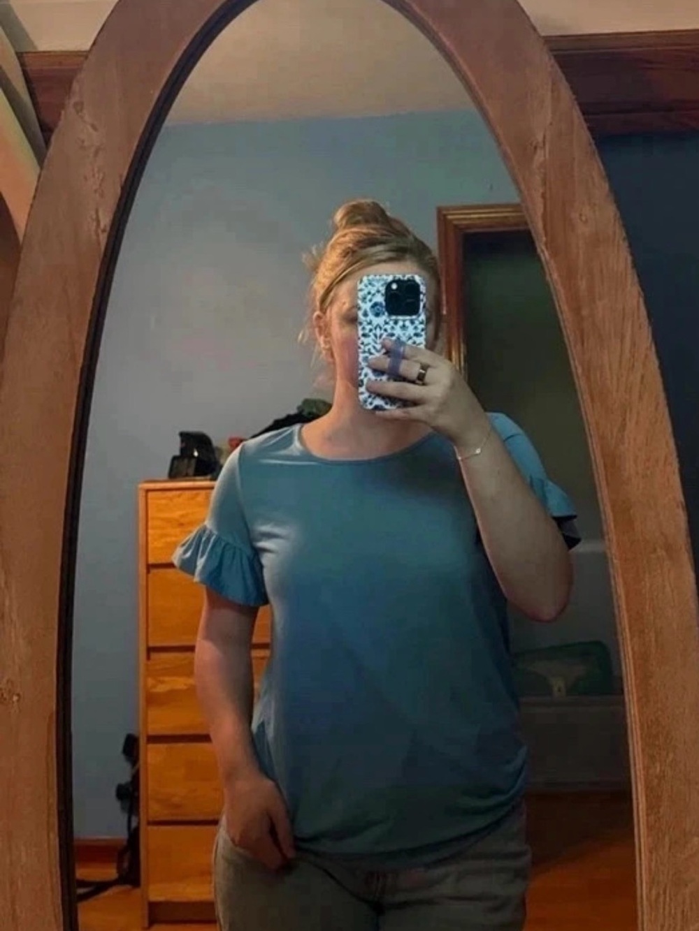SHEIN Blue Short Sleeve Ruffle Tee